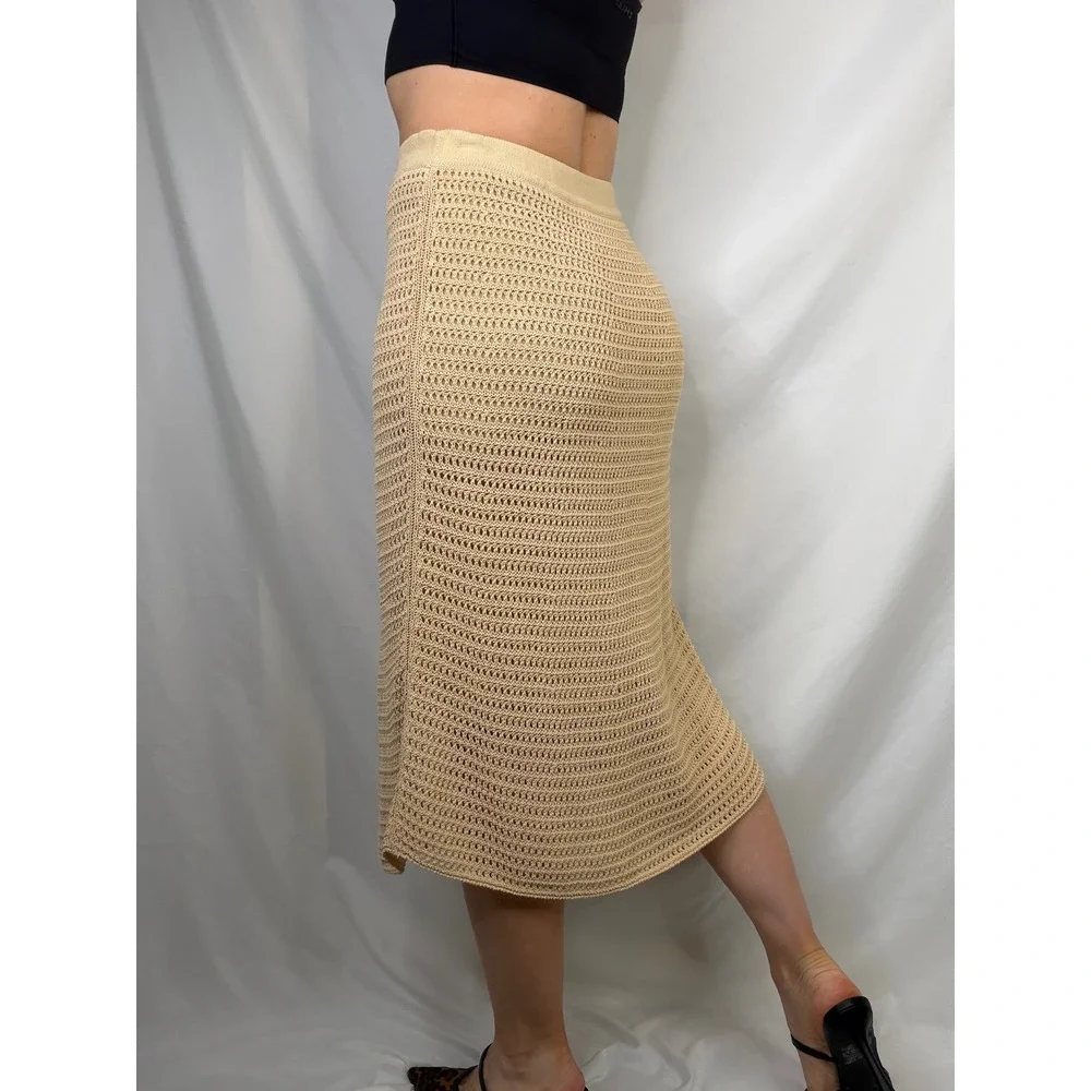 Vince Tan Beige Crochet Open Knit Cotton Blend Midi Skirt Elastic Waist XS S